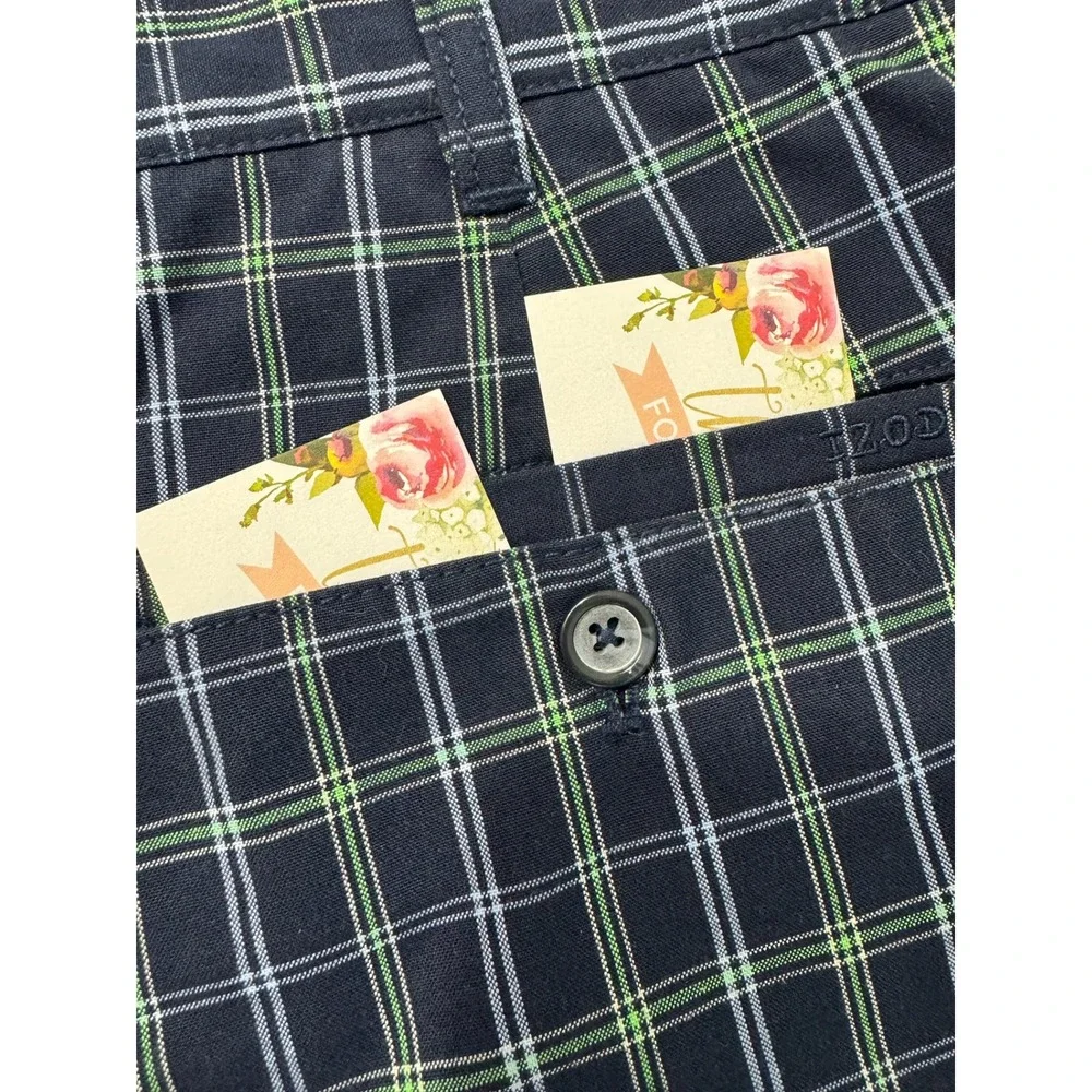 IZOD XFG Plaid Golf Shorts Mens 34 Navy Blue Lime Green Cotton Blend